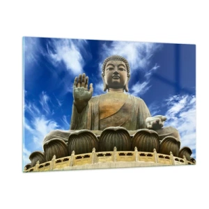Quadro su vetro - Una grande statua del Buddha contro un cielo blu - 120x80cm - Vivere senza paura - Decorazione murale moderna per soggiorno e camera da letto ARTTOR