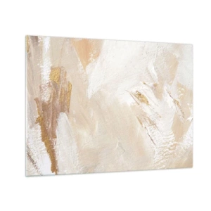 Quadro su vetro - Astrazione beige e bianca con accenti dorati - 70x50cm - Composizione pastello - Decorazione murale moderna per soggiorno e camera da letto ARTTOR