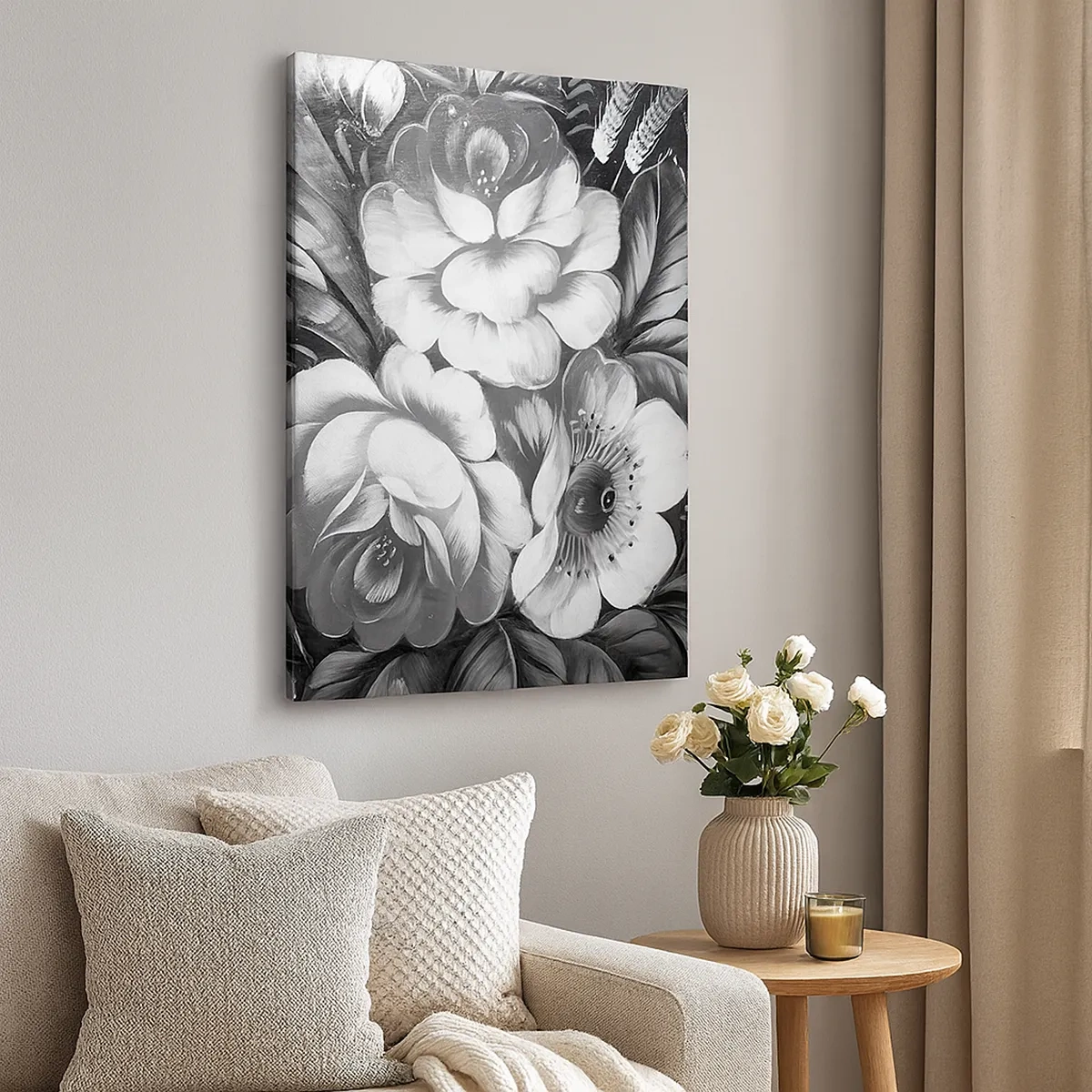Quadro su tela - Stampe su Tela - Fiori bianchi e neri in una composizione classica ed elegante - 50x70cm - Belli anche in grigio - Decorazione murale moderna per soggiorno e camera da letto ARTTOR