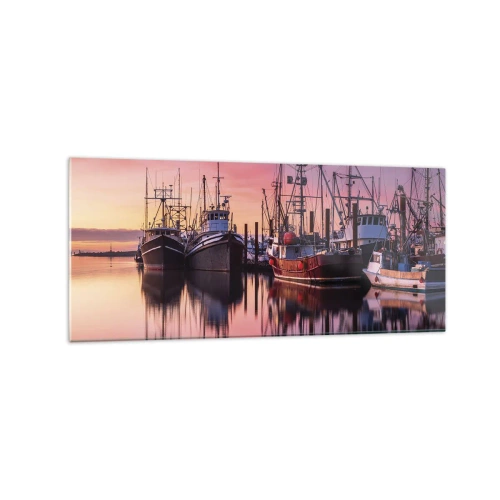 Quadro su vetro - Barche da pesca nel porto al tramonto - 120x50cm - Prima del giorno successivo - Decorazione murale moderna per soggiorno e camera da letto ARTTOR