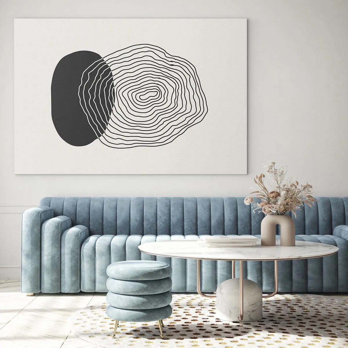 Quadro su vetro - Motivo astratto con ovali e linee in bianco e nero - 70x50cm - Durata e vibrazione - Decorazione murale moderna per soggiorno e camera da letto ARTTOR