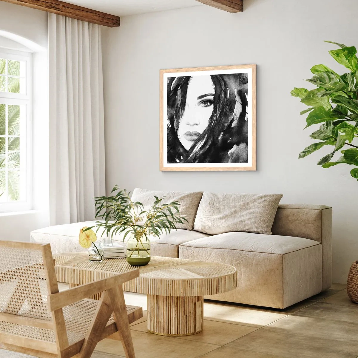 Poster in cornice rovere chiaro - Ritratto di donna in bianco e nero - 60x60 cm