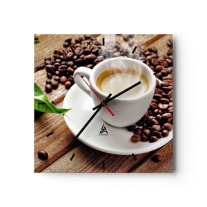 Orologio da parete - Orologio in Vetro - Una tazza di caffè aromatico sullo sfondo di chicchi e una foglia - 30x30cm - Il caffè è pronto - Decorazione murale moderna per soggiorno e camera da letto ARTTOR