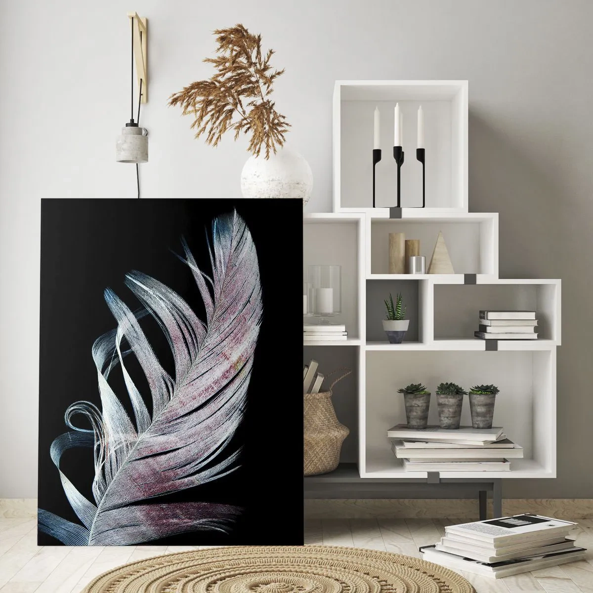 Quadro su vetro - Una piuma delicata su uno sfondo nero in un approccio artistico - 70x100cm - Pensa al tocco - Decorazione murale moderna per soggiorno e camera da letto ARTTOR