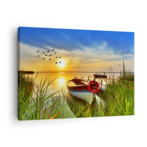 Quadro su tela - Stampe su Tela - Una barca sulla riva di un lago al tramonto - 70x50cm - I cormorano volano già via - Decorazione murale moderna per soggiorno e camera da letto ARTTOR