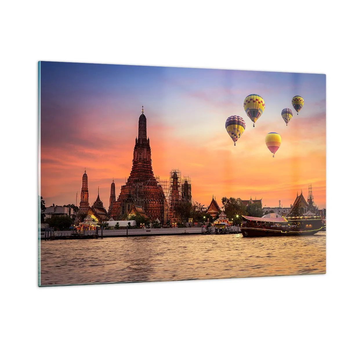 Quadro su vetro - Tempio sul fiume al tramonto con palloncini - 120x80cm - Qui nascono le favole - Decorazione murale moderna per soggiorno e camera da letto ARTTOR