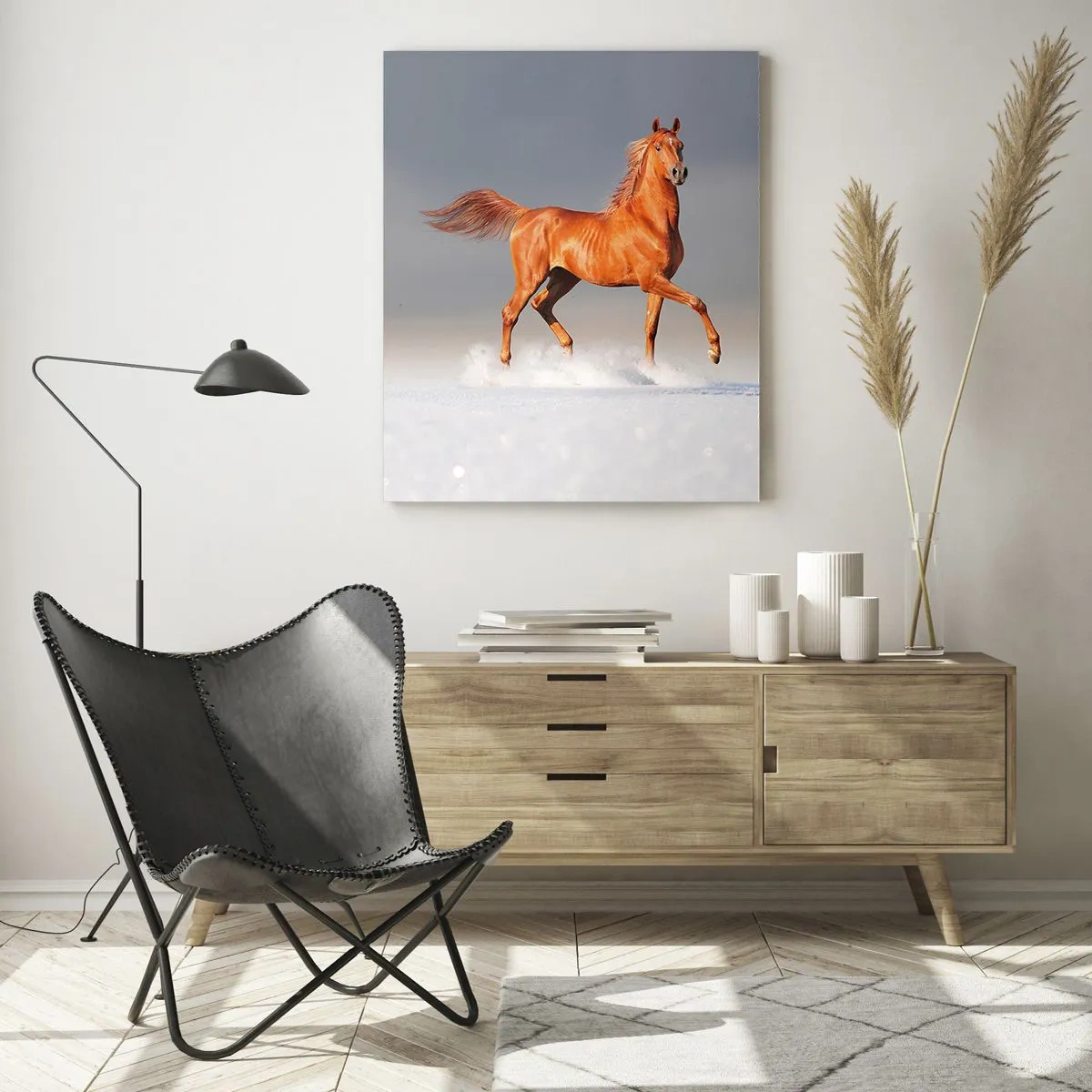 Quadro su vetro - Un cavallo al galoppo contro un cielo blu - 70x100cm - Grazia danzante - Decorazione murale moderna per soggiorno e camera da letto ARTTOR