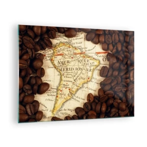 Quadro su vetro - Una mappa del Sud America circondata da chicchi di caffè. - 70x50cm - Da dove viene il miglior caffè? - Decorazione murale moderna per soggiorno e camera da letto ARTTOR