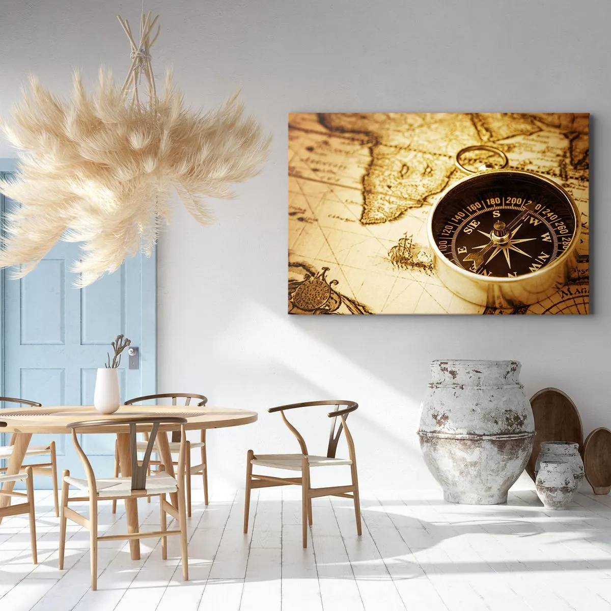 Quadro su tela - Stampe su Tela - Una bussola antica sullo sfondo di una vecchia mappa del mondo - 70x50cm - A est o a ovest? - Decorazione murale moderna per soggiorno e camera da letto ARTTOR