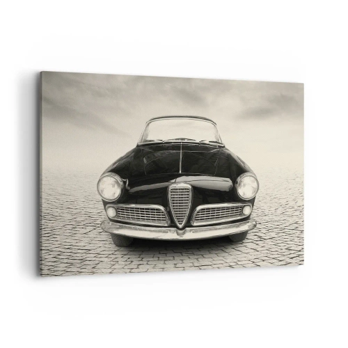 Quadro su tela - Stampe su Tela - Un'auto d'epoca su una piazza di ciottoli in stile monocromatico - 100x70cm - Come non amarmi? - Decorazione murale moderna per soggiorno e camera da letto ARTTOR
