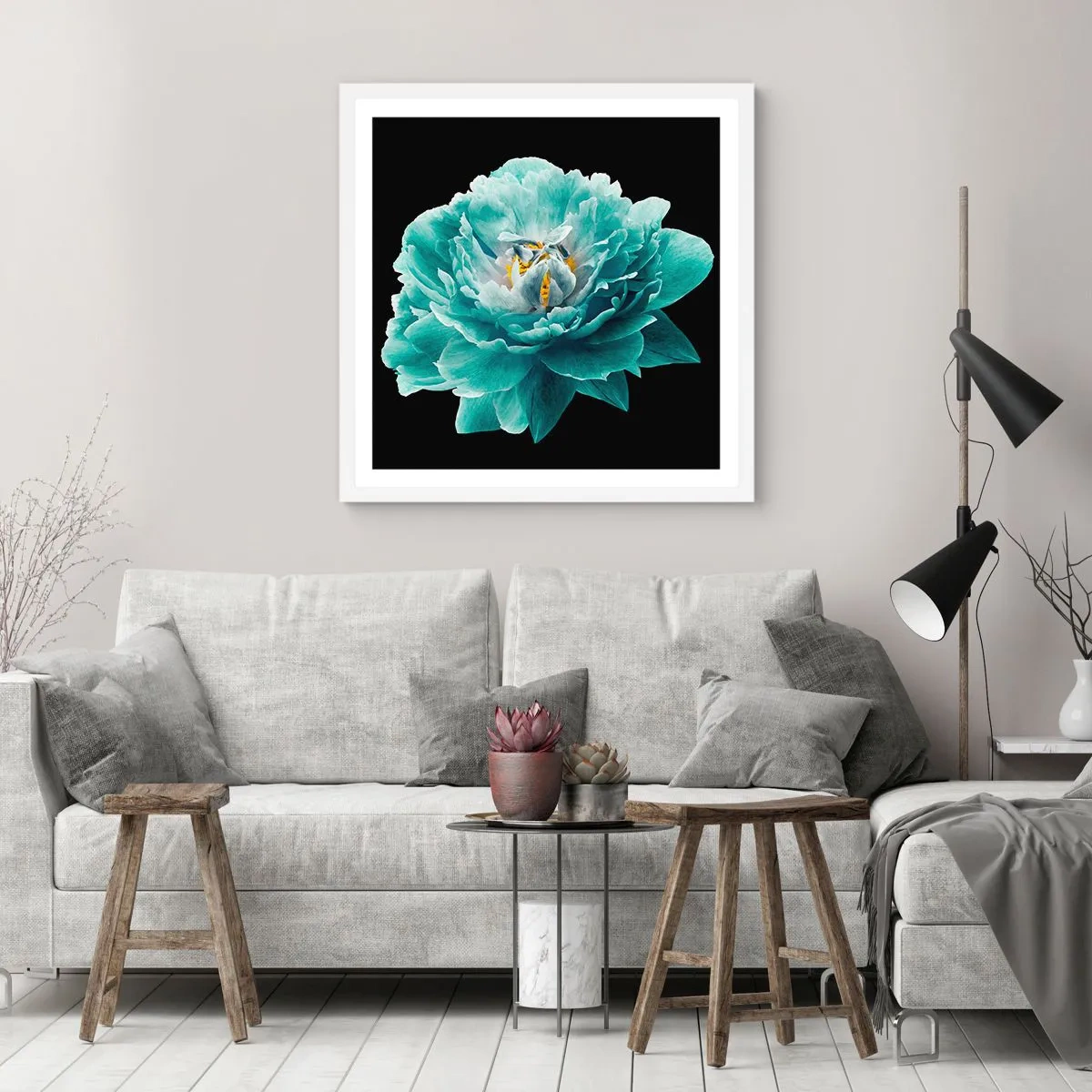 Poster in cornice bianca - Petali blu e oro - 30x30 cm