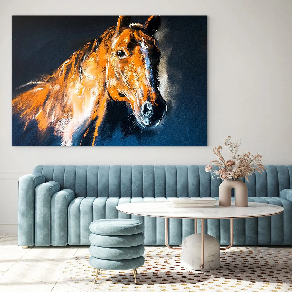 Quadro su vetro - Ritratto di un cavallo in intense tonalità di marrone su sfondo scuro - 100x70cm - Allora, andiamo? - Decorazione murale moderna per soggiorno e camera da letto ARTTOR