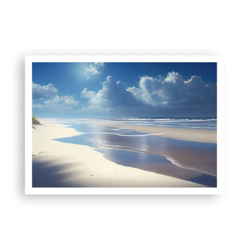 Poster - Una spiaggia sabbiosa con onde sotto un cielo azzurro - 100x70cm - Vacanze in paradiso - Decorazione murale moderna per soggiorno e camera da letto ARTTOR