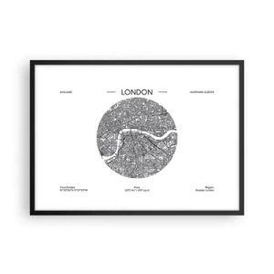 Poster in cornice nera - Una mappa minimalista di Londra in bianco e nero con dettagli precisi. - 70x50cm - Anatomia di Londra - Decorazione murale moderna per soggiorno e camera da letto ARTTOR
