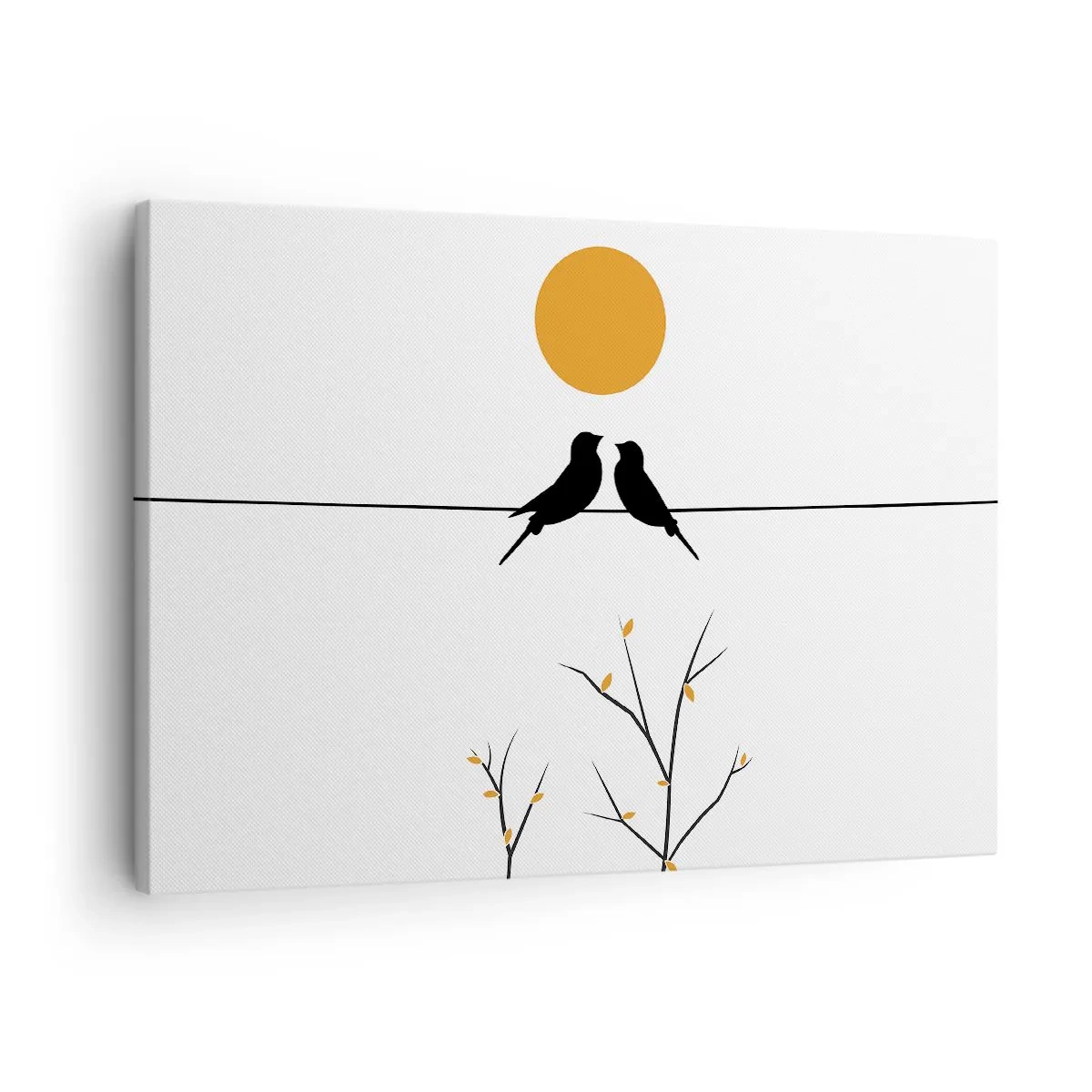 Quadro su tela - Stampe su Tela - Uccelli su una linea con un sole giallo - 70x50cm - Sera da usignoli - Decorazione murale moderna per soggiorno e camera da letto ARTTOR