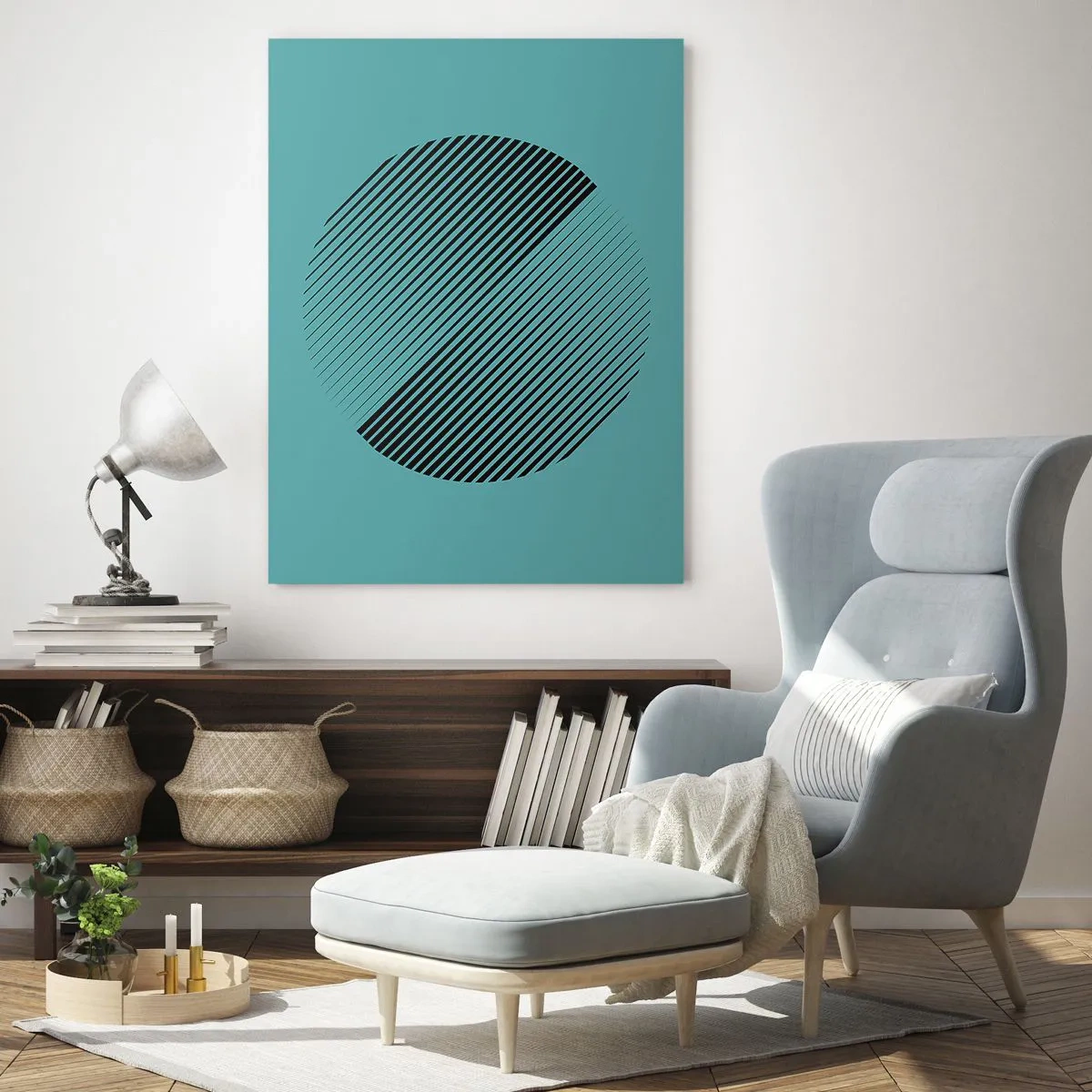 Quadro su vetro - Un cerchio minimalista con linee su uno sfondo turchese. - 70x100cm - Cerchio: variazione geometrica - Decorazione murale moderna per soggiorno e camera da letto ARTTOR