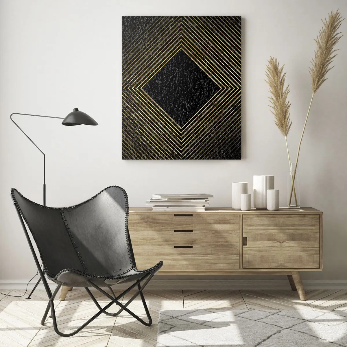 Quadro su vetro - Sfondo nero con motivo geometrico di linee dorate - 80x120cm - Geometria in stile glamour - Decorazione murale moderna per soggiorno e camera da letto ARTTOR