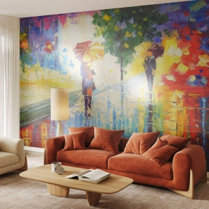 Fotomurali Premium Sand - Camminare sotto la pioggia con ombrelli colorati - 100x70cm - E tutto è chiaro - Decorazione murale moderna per soggiorno e camera da letto ARTTOR