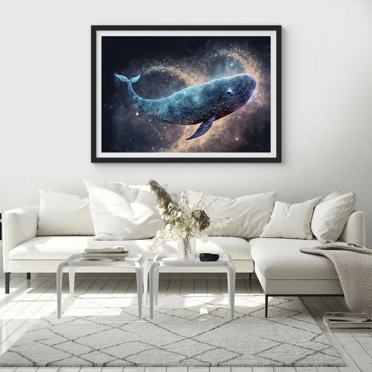 Poster in cornice nera - Una balena spaziale con una galassia sullo sfondo - 100x70cm - Esiste un mondo... - Decorazione murale moderna per soggiorno e camera da letto ARTTOR