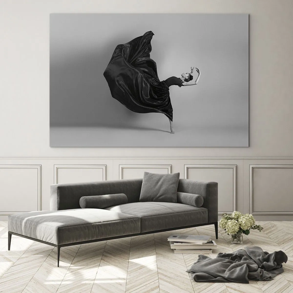 Quadro su vetro - Una ballerina in abito nero che fluttua dinamicamente nell'aria - 120x80cm - Musica alata - Decorazione murale moderna per soggiorno e camera da letto ARTTOR