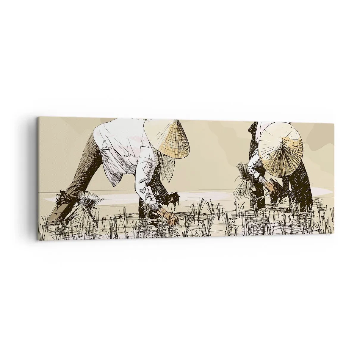 Quadro su tela - Stampe su Tela - Contadini che lavorano in una risaia indossando copricapi tradizionali - 140x50cm - Buon raccolto - Decorazione murale moderna per soggiorno e camera da letto ARTTOR