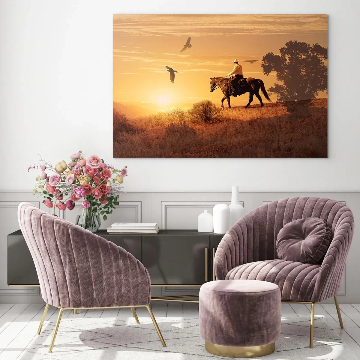 Quadro su vetro - Solo attraverso la prateria - 70x50cm - Da solo nella prateria - Decorazione murale moderna per soggiorno e camera da letto ARTTOR