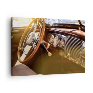 Quadro su tela - Stampe su Tela - Primo piano degli interni di un'auto d'epoca con dettagli in legno e cromati. - 70x50cm - Un soffio di lusso dal passato - Decorazione murale moderna per soggiorno e camera da letto ARTTOR