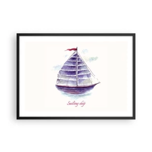 Poster in cornice nera - Un dipinto ad acquerello di una barca a vela sull'acqua con una delicata iscrizione - 70x50cm - Gonfie vele e mare calmo - Decorazione murale moderna per soggiorno e camera da letto ARTTOR