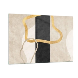 Quadro su vetro - Linee dorate e beige formano forme ad anello su uno sfondo a strisce nere. - 120x80cm - Forme intrecciate - Decorazione murale moderna per soggiorno e camera da letto ARTTOR