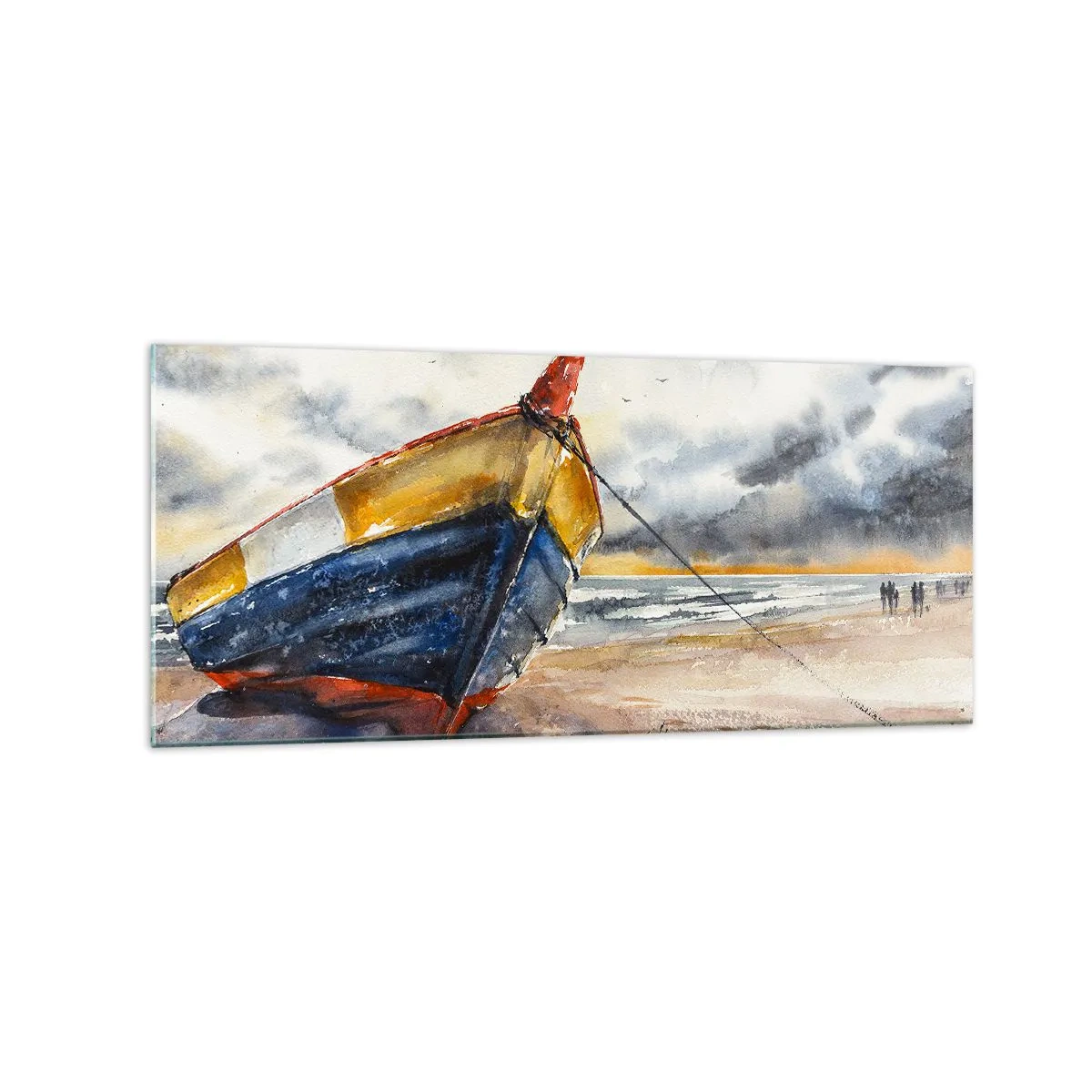 Quadro su vetro - Una pittoresca barca sulla spiaggia sotto un cielo nuvoloso - 120x50cm - Riposo sulla riva - Decorazione murale moderna per soggiorno e camera da letto ARTTOR