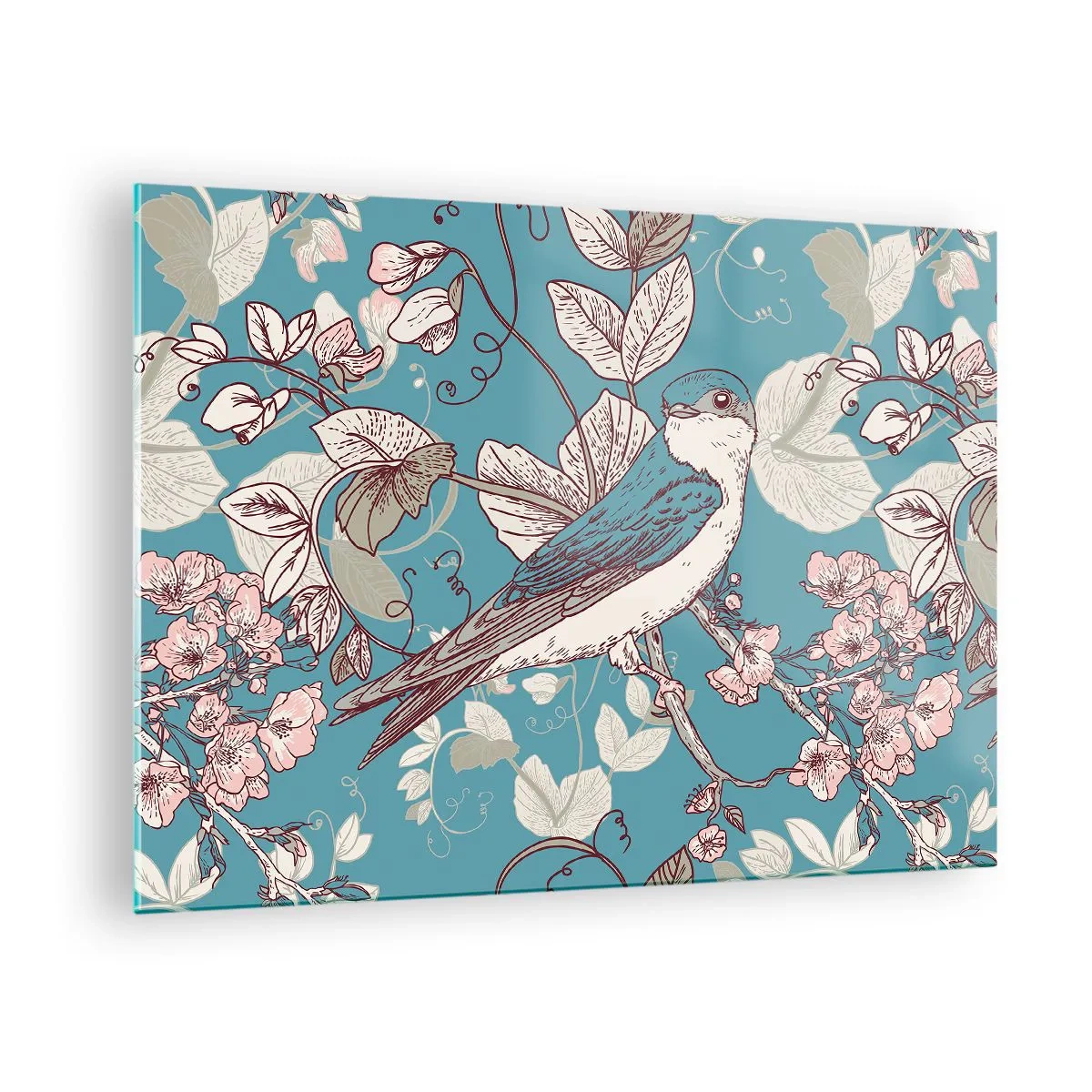 Quadro su vetro - Un uccello su un ramo tra i fiori su uno sfondo turchese - 70x50cm - Sul pioppo riflessi e cinguettii - Decorazione murale moderna per soggiorno e camera da letto ARTTOR