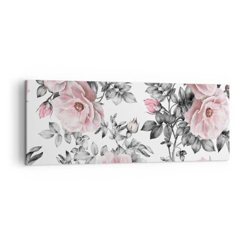 Quadro su tela - Stampe su Tela - Rose rosa e foglie su un delicato sfondo bianco e nero - 140x50cm - Perdersi tra le rose - Decorazione murale moderna per soggiorno e camera da letto ARTTOR