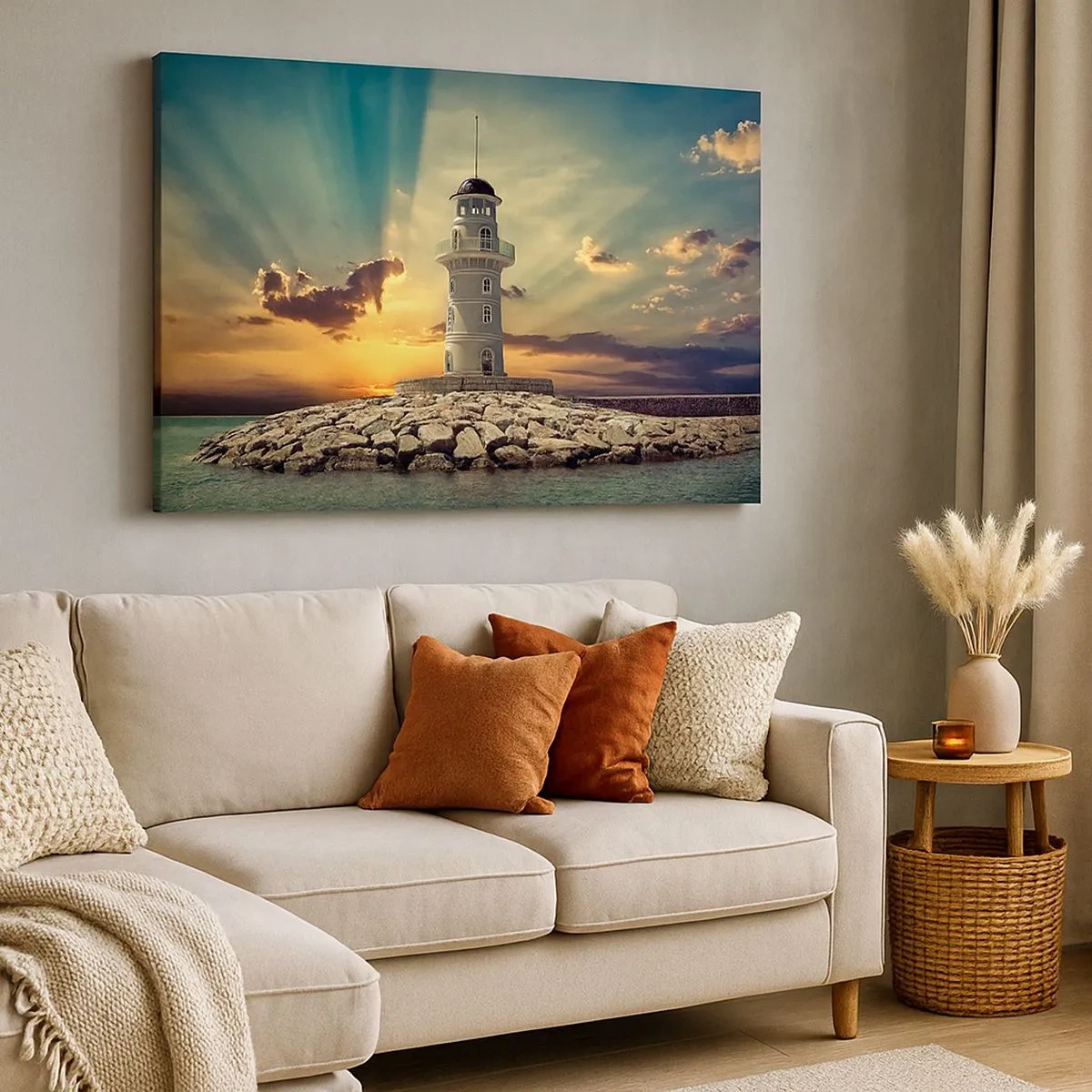 Quadro su tela - Stampe su Tela - Un faro al tramonto contro il cielo - 70x50cm - Luce - Bontà - Bellezza - Decorazione murale moderna per soggiorno e camera da letto ARTTOR