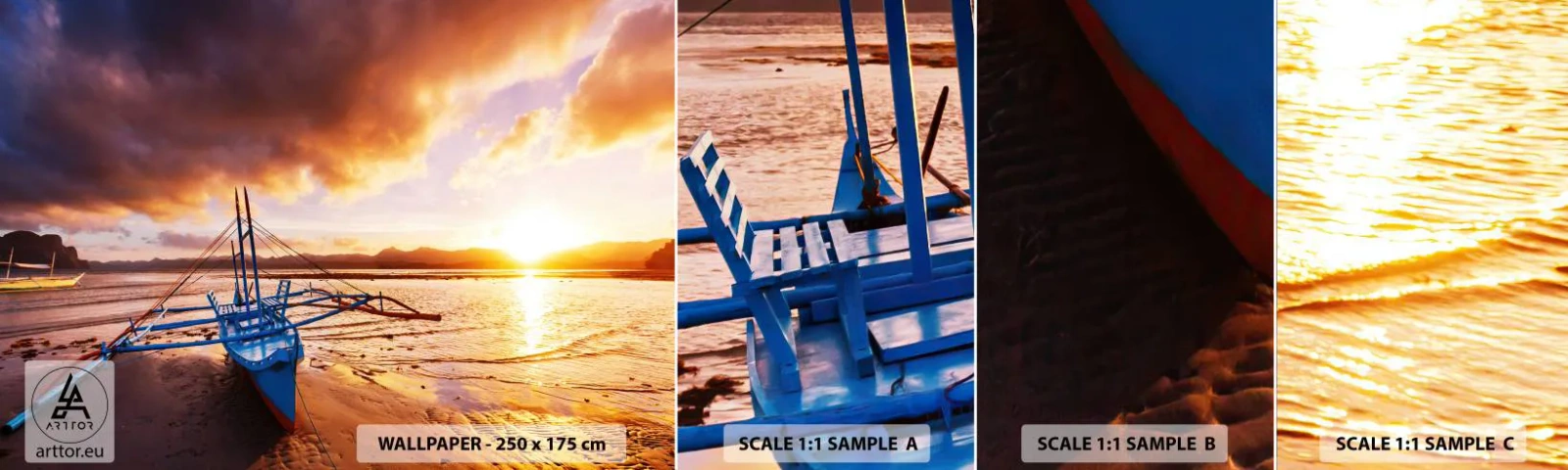 Campione Di Fotomurale Standard Eco - Riposo sulla sabbia dopo l'intera giornata - Paesaggio, Mare, Peschereccio - 100x30 cm