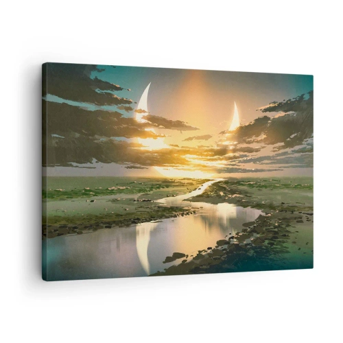 Quadro su tela - Stampe su Tela - Un paesaggio fantastico con due lune all'orizzonte - 70x50cm - Da qualche parte in una galassia lontana - Decorazione murale moderna per soggiorno e camera da letto ARTTOR