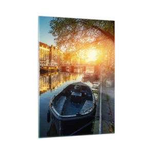 Quadro su vetro - Canale di Amsterdam al tramonto - 50x70cm - L'alba ad Amsterdam - Decorazione murale moderna per soggiorno e camera da letto ARTTOR