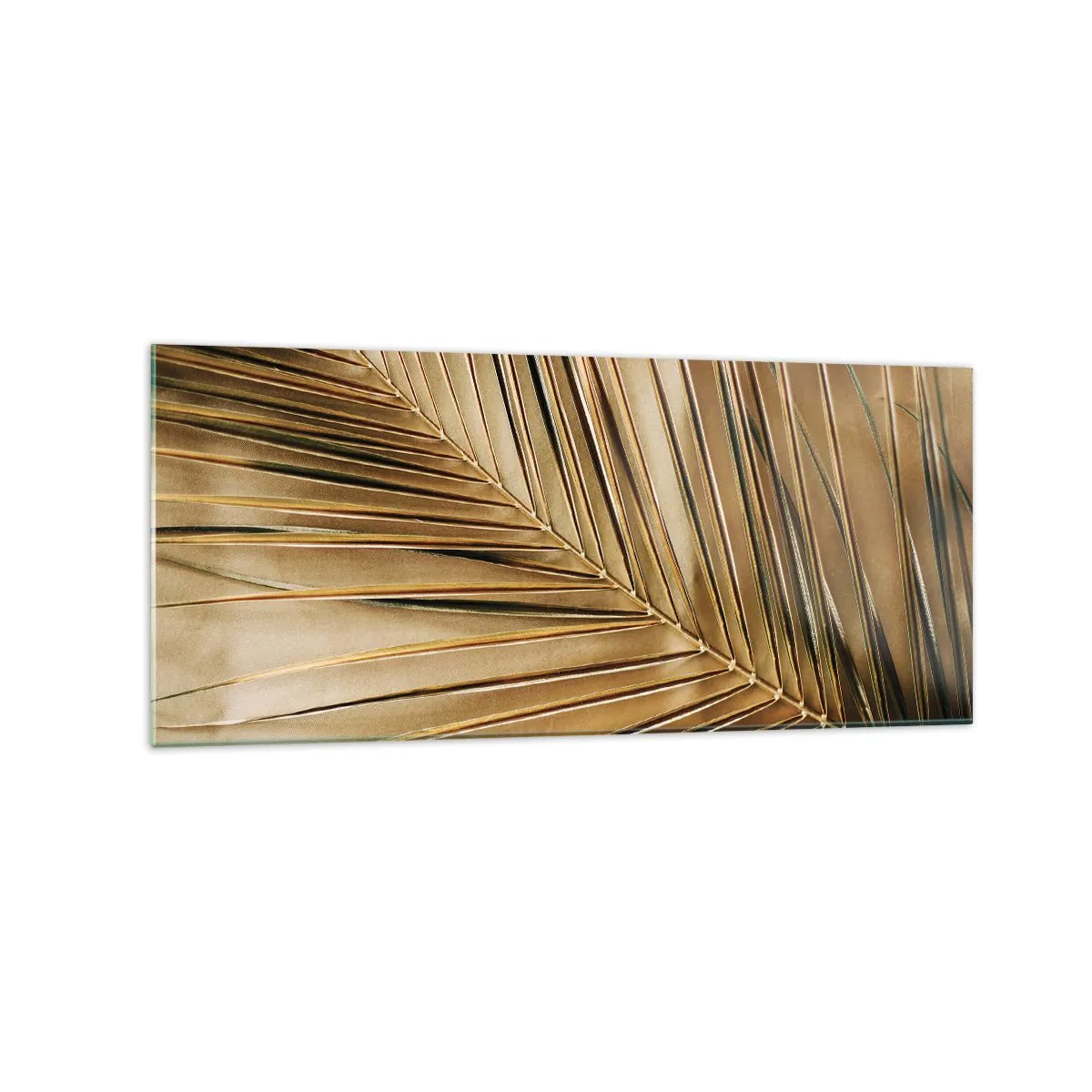Quadro su vetro - Foglia di palma dorata su sfondo solido - 120x50cm - Colonnato naturale - Decorazione murale moderna per soggiorno e camera da letto ARTTOR