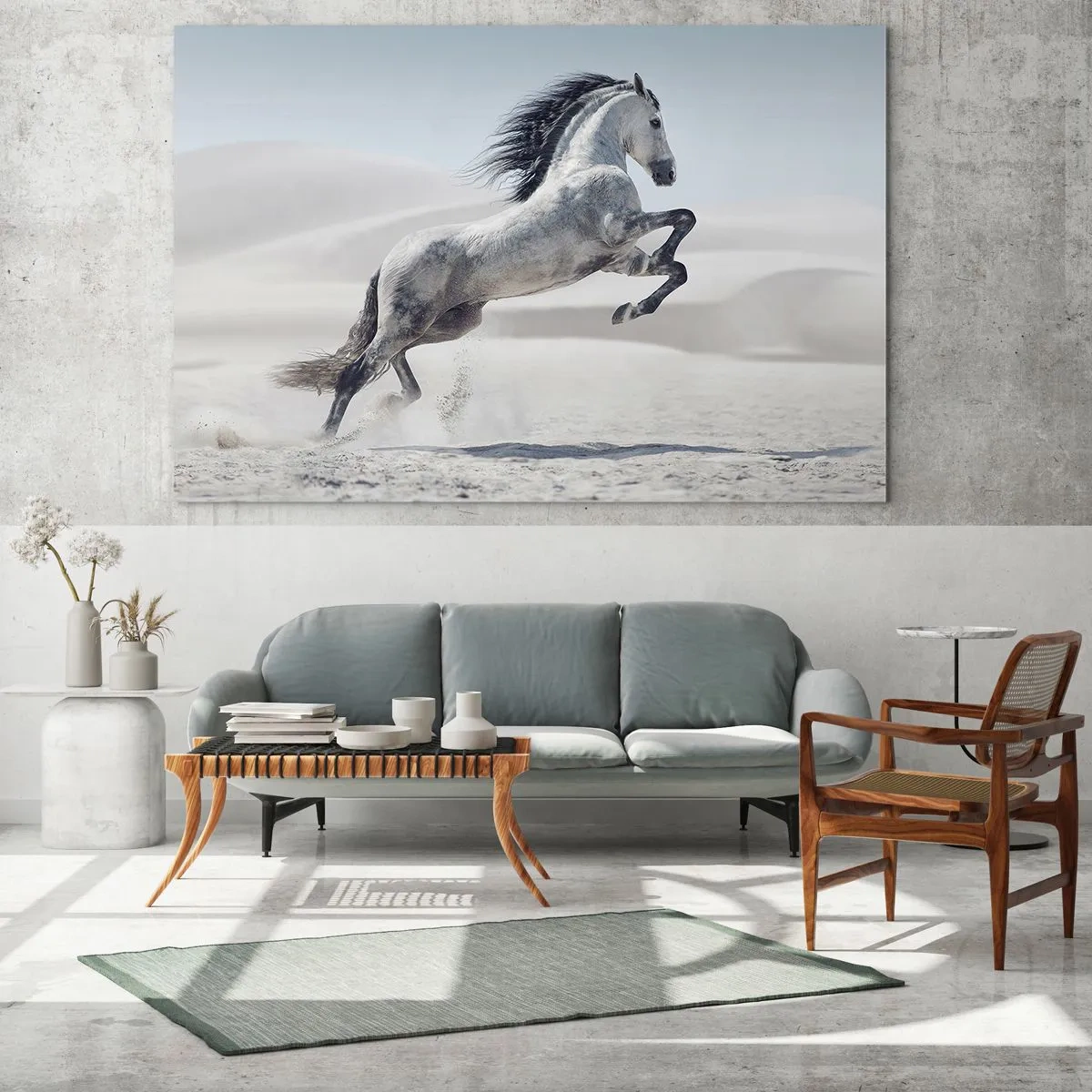 Quadro su vetro - Un cavallo bianco che salta sullo sfondo delle dune del deserto - 100x70cm - Il principe arabo - Decorazione murale moderna per soggiorno e camera da letto ARTTOR