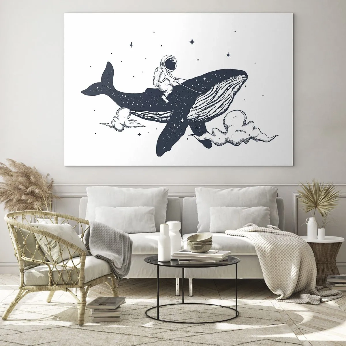 Quadro su vetro - Astronauta a cavallo di una balena tra stelle e nuvole - 100x70cm - Avventura nello spazio - Decorazione murale moderna per soggiorno e camera da letto ARTTOR