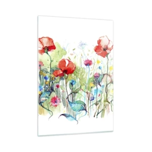 Quadro su vetro - Papaveri colorati e fiori di campo in stile acquerello - 50x70cm - Il prato fiorito a maggio - Decorazione murale moderna per soggiorno e camera da letto ARTTOR