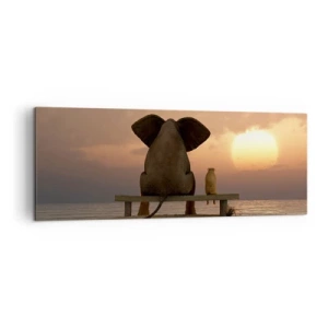 Quadro su tela - Stampe su Tela - Un elefante e un cane sono seduti su una panchina sulla spiaggia durante il tramonto. - 140x50cm - A volte bisogna tacere - Decorazione murale moderna per soggiorno e camera da letto ARTTOR