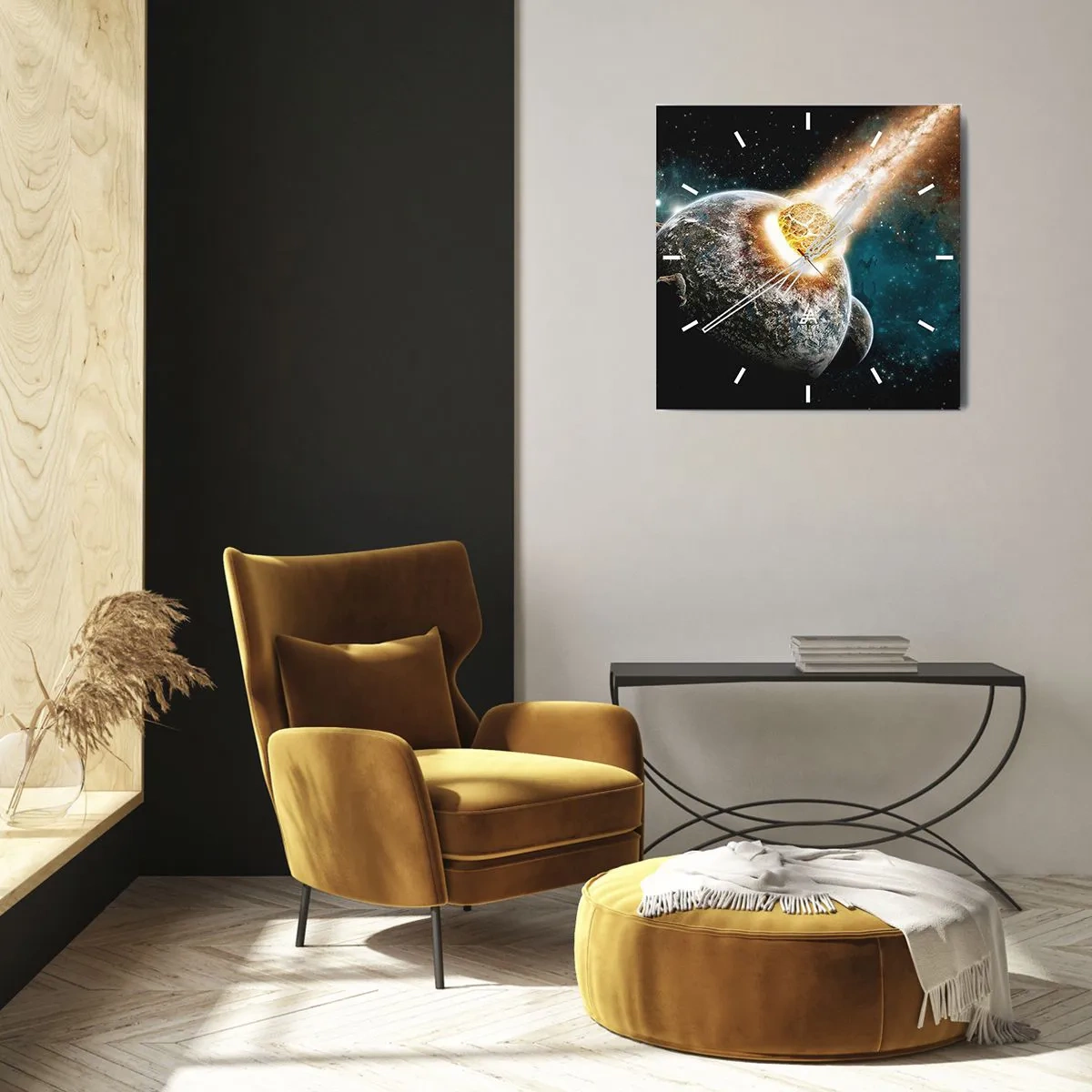 Orologio da parete - Orologio in Vetro - Collisione cosmica di un pianeta con un asteroide nelle vicinanze della galassia. - 30x30cm - Estinzione o nascita? - Decorazione murale moderna per soggiorno e camera da letto ARTTOR