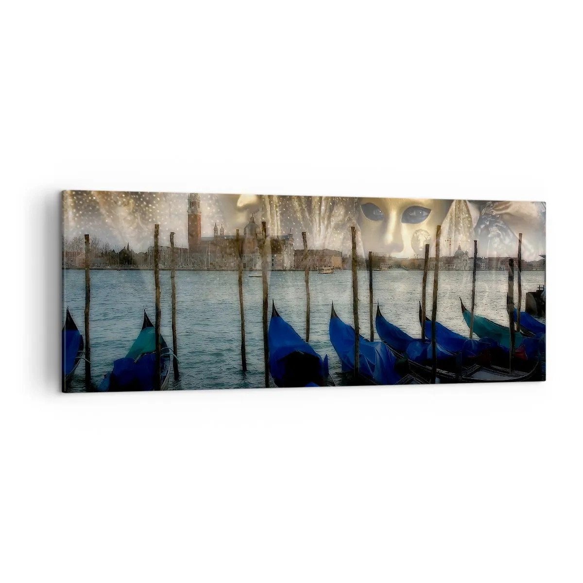 Quadro su tela - Stampe su Tela - Maschere di carnevale veneziane e gondole sullo sfondo della città e dell'acqua - 140x50cm - È ora di iniziare il carnevale - Decorazione murale moderna per soggiorno e camera da letto ARTTOR