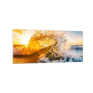 Quadro su vetro - Un'onda dorata sullo sfondo del sole al tramonto - 120x50cm - Gioco sulla sabbia - Decorazione murale moderna per soggiorno e camera da letto ARTTOR