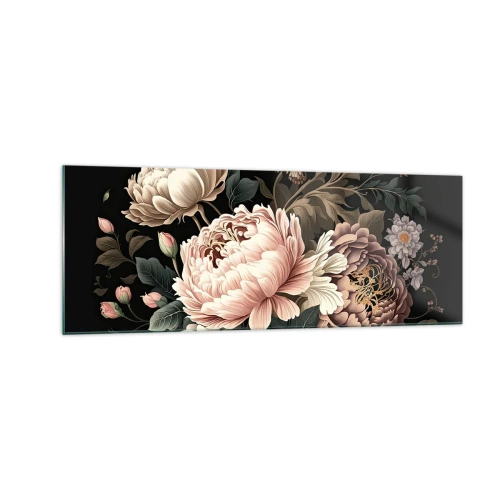 Quadro su vetro - Un bouquet di fiori rosa e farfalle su uno sfondo nero - 140x50cm - In stile barocco - Decorazione murale moderna per soggiorno e camera da letto ARTTOR