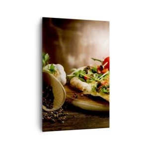 Quadro su tela - Stampe su Tela - Pizza con verdure su tagliere di legno in stile rustico - 80x120cm - Direttamente dal forno e dal giardino - Decorazione murale moderna per soggiorno e camera da letto ARTTOR