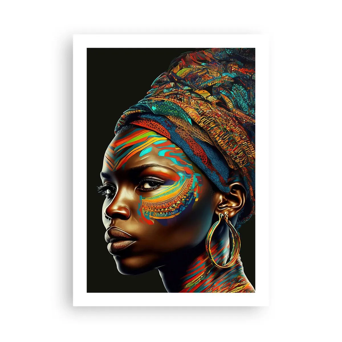 Poster - Ritratto di una donna con una sciarpa colorata e trucco etnico - 50x70cm - Regina africana - Decorazione murale moderna per soggiorno e camera da letto ARTTOR