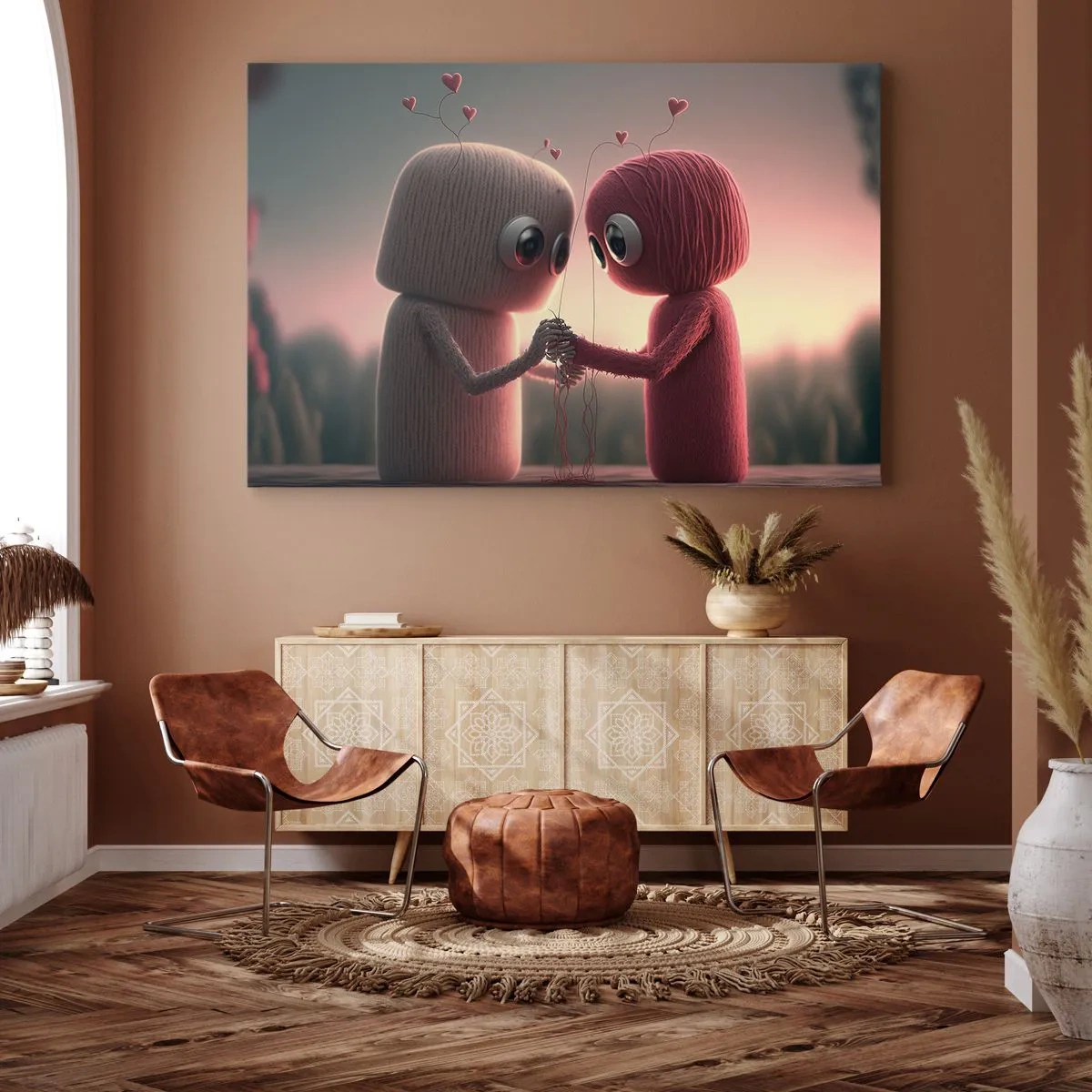 Quadro su tela - Stampe su Tela - Personaggi di filato in un'affascinante ambientazione a tema cuore - 120x80cm - Ognuno ha diritto ad amare - Decorazione murale moderna per soggiorno e camera da letto ARTTOR