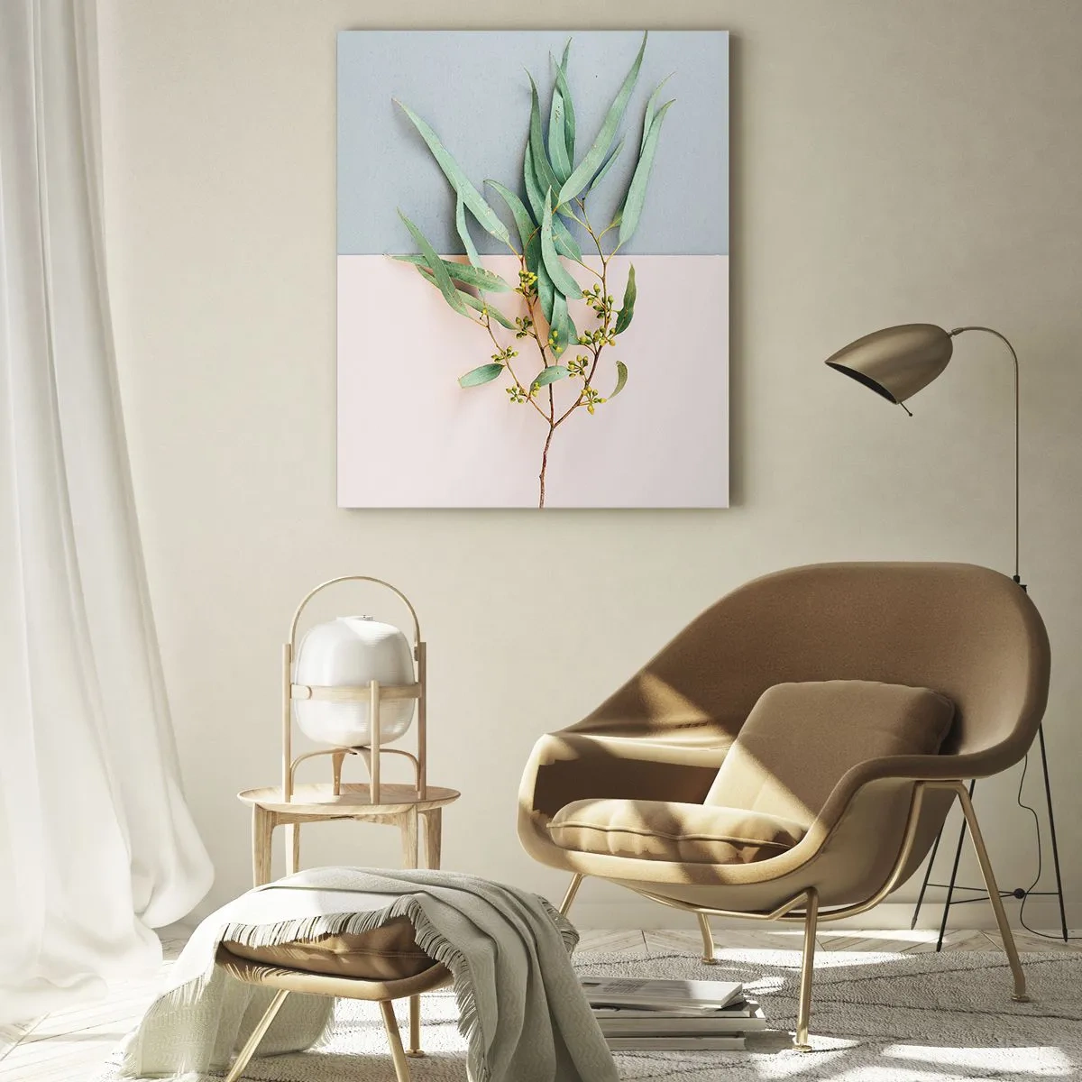 Quadro su vetro - Un ramo con foglie su uno sfondo di tonalità pastello - 80x120cm - Delicatezza pastello - Decorazione murale moderna per soggiorno e camera da letto ARTTOR