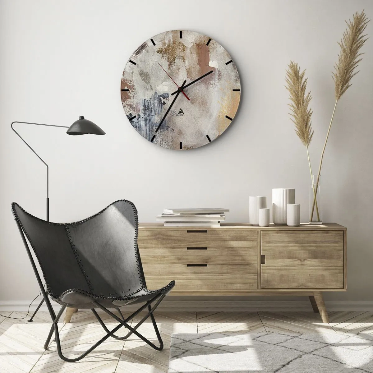 Orologio da parete - Orologio in Vetro - Astrazione beige e marrone con delicate pennellate di vernice - 30x30cm - Astrazione annebbiata - Decorazione murale moderna per soggiorno, cucina e camera da letto ARTTOR